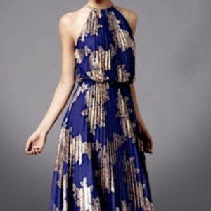 Blue and Gold Pleated Halter Maxi Dress